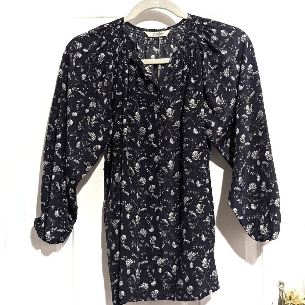Tucker The Classic Blouse Navy Wallflower in Crepe de Chine Silk Floral Smock